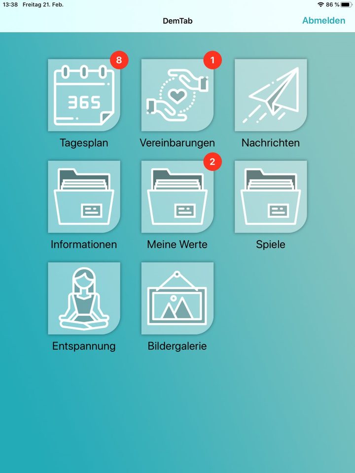 Startbildschirm von DemTab in der Ansicht der Patientin