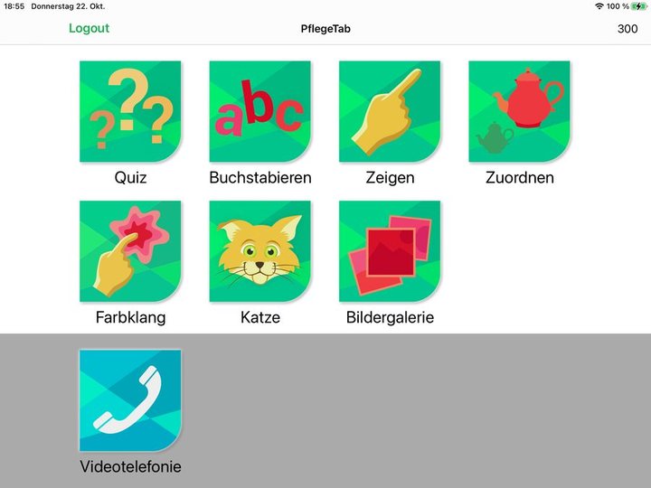 Übersicht in PflegeTab mit den sechs Aktivierungsspielen